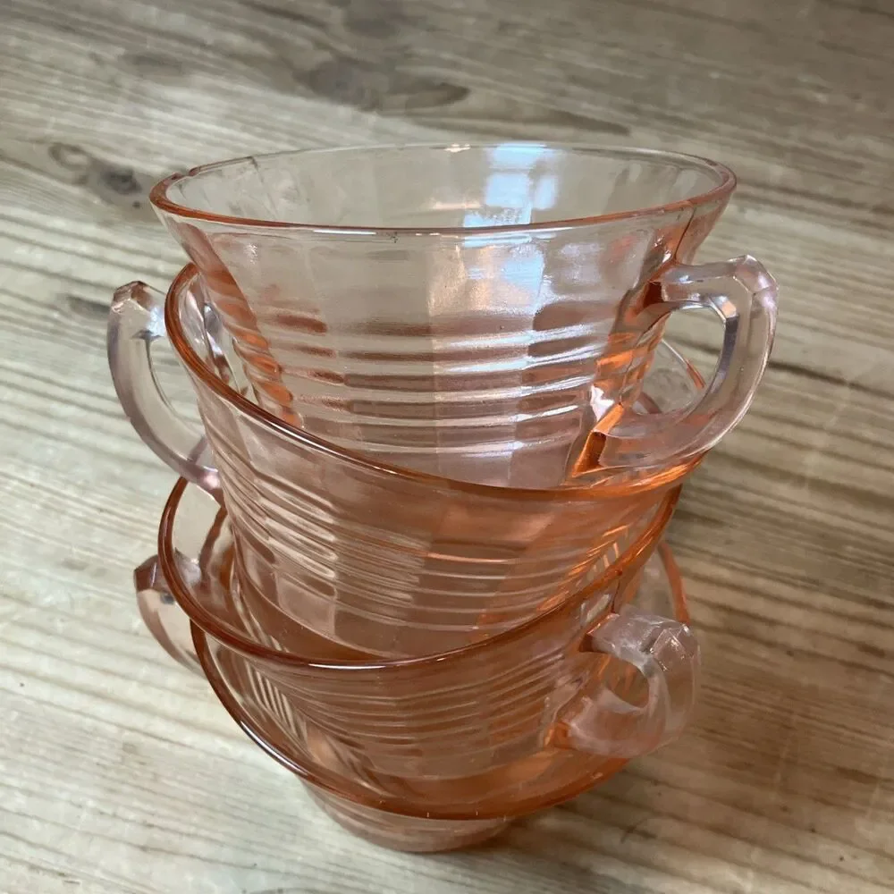 Vintage Pink Rings Depression Glass Cup Mugs Set Of 4 Art Deco Optic Design